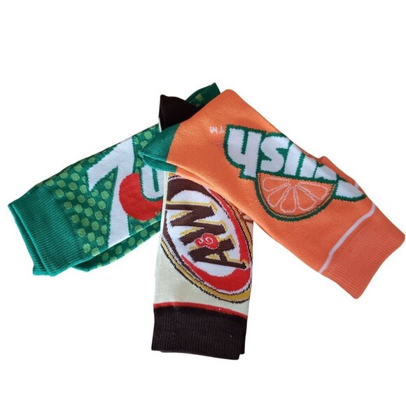 NEW Adult Crew Fun Novelty Sodas Socks Orange Crush 7-Up A&W Root Beer Gift Sox - Picture 3 of 9